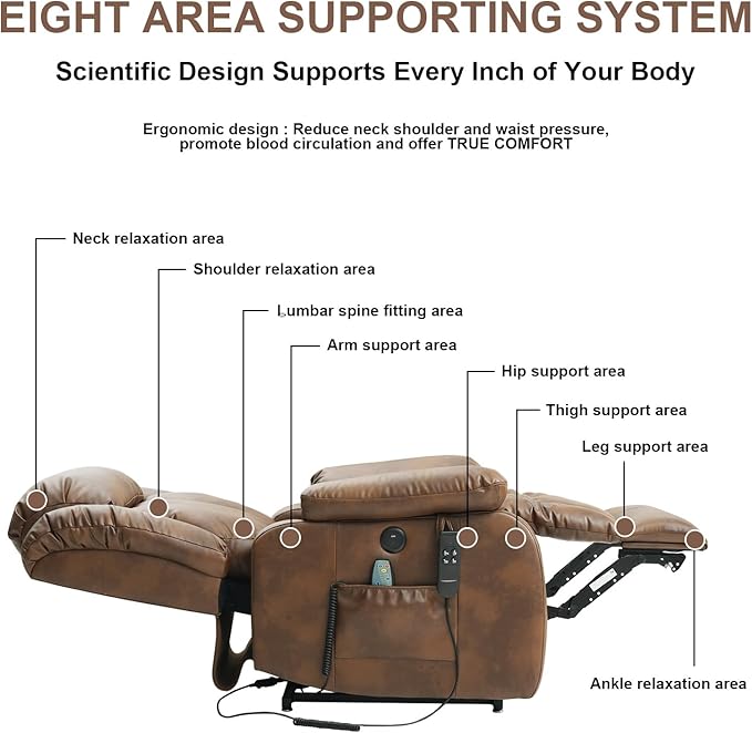 Dual Motor Large Power Lift Recliner Chair for Elderly with Heat and Massage,Lay Flat Lift Chairs Recliners for Seniors Infinite Position,USB Ports&Remote, Leather(Ochre, Medium)