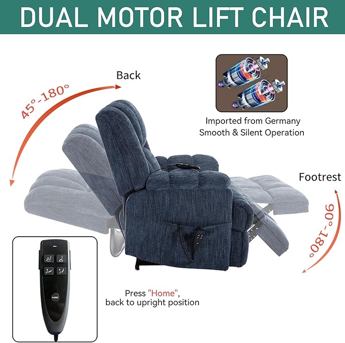 Power Lift Recliner Chair for Elderly, Oversized Chenille Electric Recliners Chairs for Living Room, Dual Motor 180° Lay Flat Recliner Big Sofa with Massage and Heating, Heavy-Duty, Blue