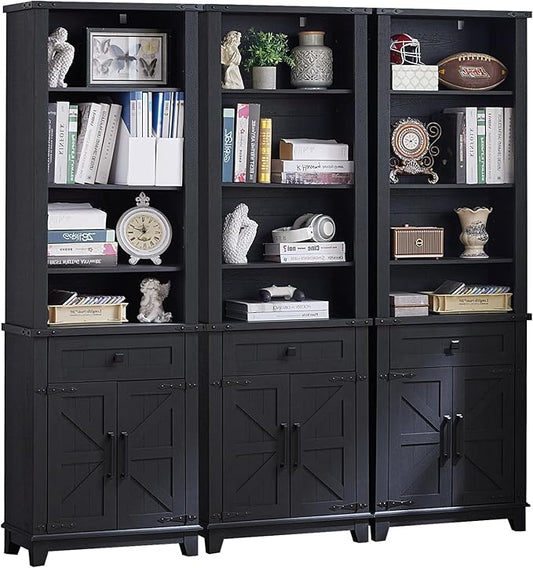 72in Tall Bookshelf 7 Tier Bookcase with Drawer and Barn Doors and Adjustable Shelves, Black Farmhouse Book Shelf with Storage Cabinet, Wood Freestanding Display Bookshelves for Kitchen (3PCS)