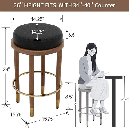 26'' Rustic Backless Bar Stools, Counter Height Chairs Set of 6, Round Kitchen Stools for Island, Farmhouse Charcoal Linen Upholstered Wood With Hardwood Legs and Footrest