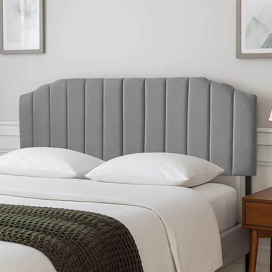 Upholstered Headboard Adjustable Height Queen/King Headboard Cream Velvet Tufted Modern Vertical Channel Design with Stepped Silhouette Top Edge(Grey King)