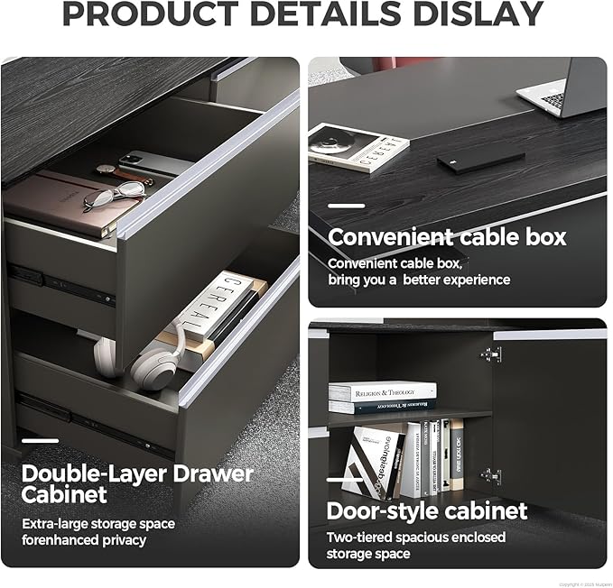 L Shape Executive Desk with Drawers – Modern Large Office Desk for Home Office, Spacious Computer Workstation with Storage Cabinets, Black Finish (Black/Left, 79" L * 63" W * 30" H)
