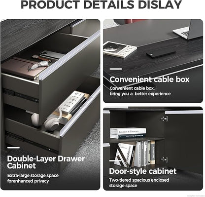 L Shape Executive Desk with Drawers – Modern Large Office Desk for Home Office, Spacious Computer Workstation with Storage Cabinets, Black Finish (Black/Left, 79" L * 63" W * 30" H)