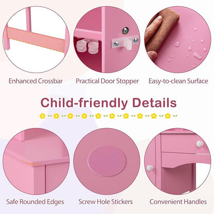 Costzon Kids Desk and Chair Set, Wooden Children Study Desk w/Hutch, Large Cabinet and Drawer for Home School Writing, Reading & Drawing, Computer Workstation Student Table and Chair for 3+ (Pink)