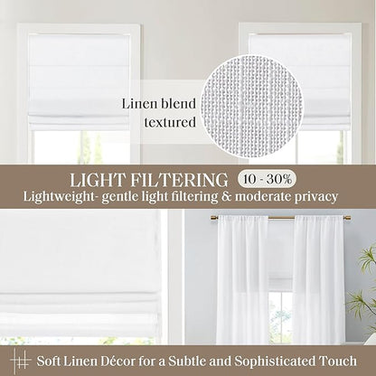 Madison Park Kyler Cordless Roman Shades - Single Panel, Lightweight Linen Blend Fabric, Natural Design, Easy Installation, Light Filtering Window Blind, Bedroom, Living Room Decor 29"W x 64"H White