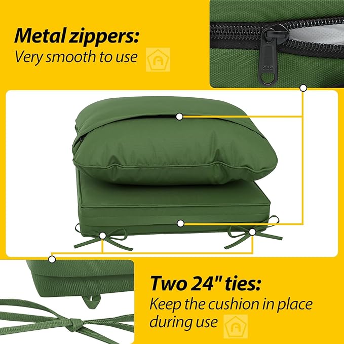 AAAAAcessories Outdoor Deep Seat Cushions, Waterproof, Fade-Resistant Patio Furniture Replacement Cushions, 25.5" x 25.5" x 5" + 25.5" x 19", Dark Moss Green
