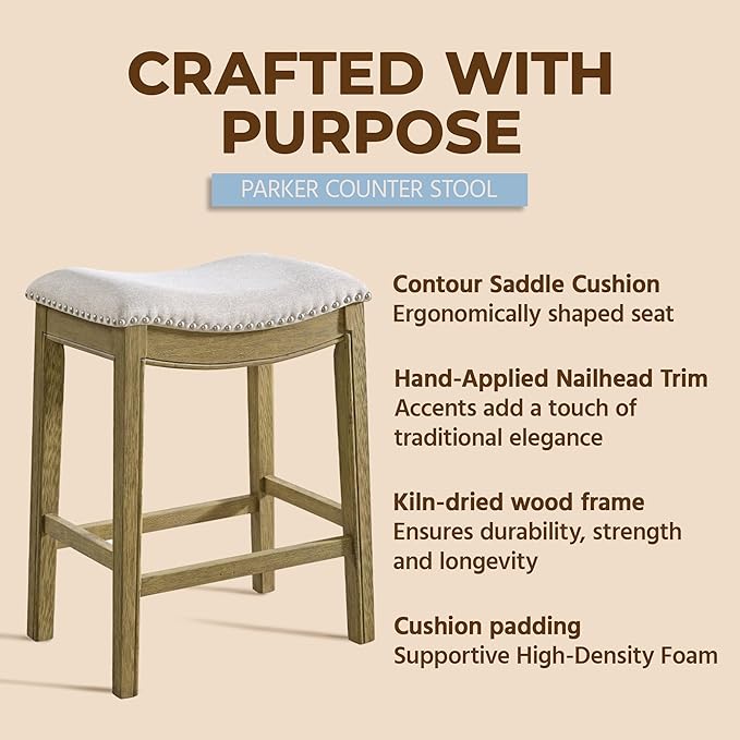 ROME + OAK Set of 4 Parker 26" Counter Stool, Backless Saddle Kitchen Barstool in Natural Wood Finish with Wheat Cream Fabric Upholstery Cushion Seat