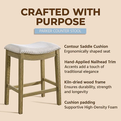 ROME + OAK Set of 4 Parker 26" Counter Stool, Backless Saddle Kitchen Barstool in Natural Wood Finish with Wheat Cream Fabric Upholstery Cushion Seat