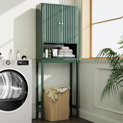 Tangkula Over The Toilet Storage Cabinet, Bathroom Space Saver with Fluted Doors Adjustable Shelf & Bottom Bar, Freestanding Above Toilet Storage Cabinet Organizer for Laundry, Restroom (Forest Green)