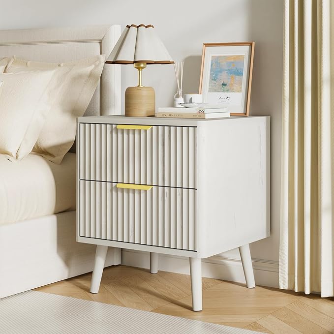LYNSOM Fluted Dresser and Nightstand Set, 3 Pieces Bedroom Set, 55 Inch Wide 7-Drawer Dresser & 2-Drawer Nightstands Set of 2, Modern Dressers Set for Bedroom, Hallway, White