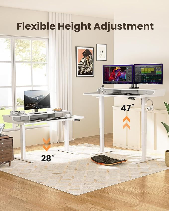 ErGear Electric Standing Desk with Drawers, 63″ x 28″ Gaming Table Compatible Monitor Stand, Stand up Desks, Home Office Height-Adjustable Desk with Storage Shelf, 4 Preset Heights, White