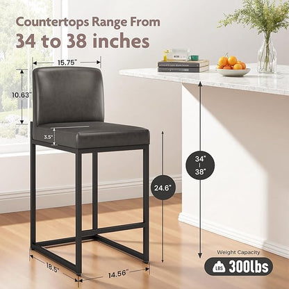 ALPHA HOME 24 Inch Bar Stools Set of 2, Kitchen Counter Stools with Backs, PU Leather Barstools, Kitchen Stools with Back&Upholstered Footrest, Sturdy Chromed Metal Steel Frame, Grey