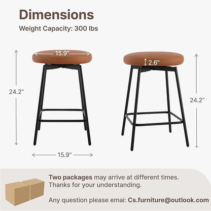 Swivel Bar Stools Set of 3, 24" Counter Height Bar Stool, Backless Barstools with Faux Leather Upholstered Seat&Sturdy Wood Legs for Kitchen Island, Brown