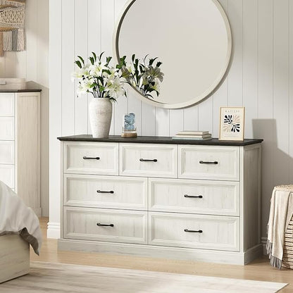 CARPETNAL Farmhouse Dresser and Nightstand Sets for Bedroom, 4 Pcs Bedroom Set, 5 Drawer & 7 Drawer Dresser and Nightstand Set of 2, Wood Chest of Drawers for Living Room, Entryway, White