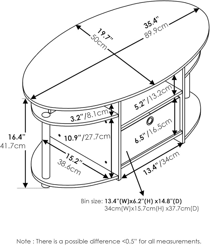 Furinno Jaya Simple Design Oval Coffee Table with Bin for Living Room, Americano/Chrome/Black