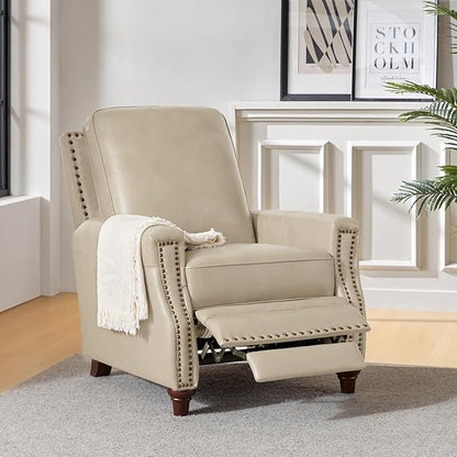 HULALA HOME Genuine Leather Recliner Chair, Classic Push Back Recliner Armchair with Thick Seat and Backrest, Comfy Adjustable Home Theater Single Recliner w/Nailhead Decor for Living Room (Beige)