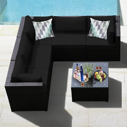 Tangkula 6 Pieces Patio Furniture Set, Outdoor Rattan Sofa Set, Wicker Conversation Set w/Tempered Glass Coffee Table & Cushions, Sectional Sofa Set for Backyard, Garden, Balcony, Poolside (Black)