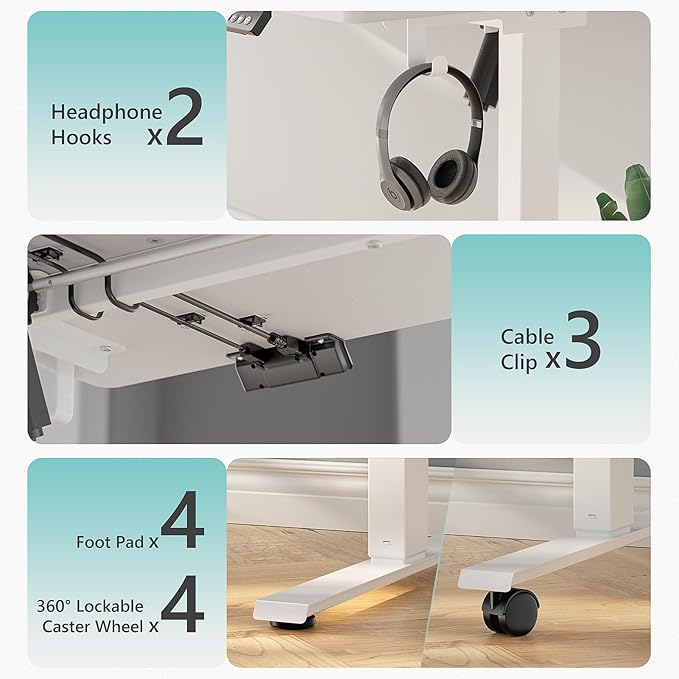 55 x 24 inch Electric Standing Desk Adjustable Height with 4 Wheels, 4 Memory Height Settings, 2 Headphone Hook, for Home Office, Splice Board White