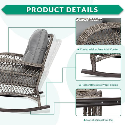 VIVIJASON 4-Piece Outdoor Patio Wicker Conversation Sets, All Weather Outdoor Rattan Furniture Set Includes Glider Loveseat, Coffee Table, 2 Rocking Chairs with Cushions for Backyard, Grey