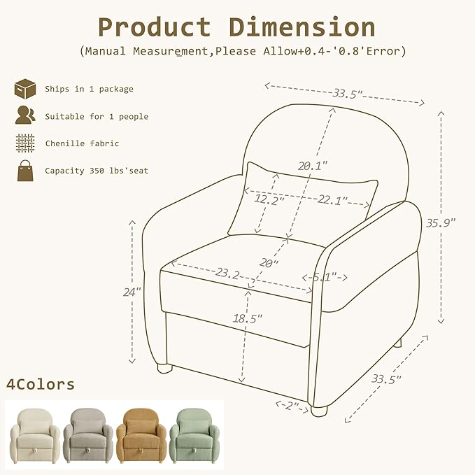 33.5" Mordern Accent Chairs,Reading Chair with Storage,Single Sofa in Chenille Fabric for Living Room, Bedroom and Compact Spaces. (Ginger Yellow)