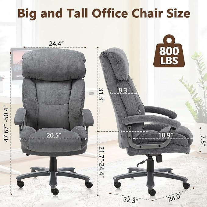 CLATINA Big and Tall Executive Office Chair, Extra Wide Seat, 800 LBS Capacity Heavy Duty Ergonomic Cloth Desk Chair with Wheels and Padded Armrests, High Back Fabric Computer Task Chair, Grey