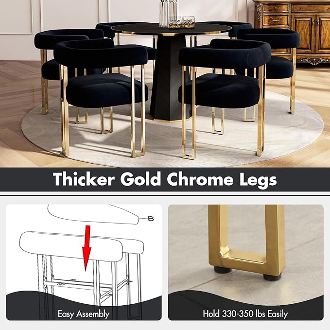 Set of 6 Black and Gold Modern Dining Chairs, Velvet Upholstered Barrel Armchairs with Metal Legs for Kitchen Island, Mid Century Accent Chairs for Dining Room Living Room, Open-Back