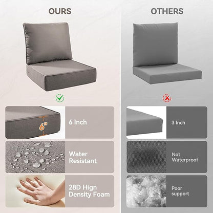 Luxury 6" Outdoor Cushions for Patio Furniture, 24x24x6" Thick Seat Cushion Set of 7, Fade Resistant Couch Chair Replacement Cushions High Density Deep Wicker Chair Cushion w/ Removable Cover Gray