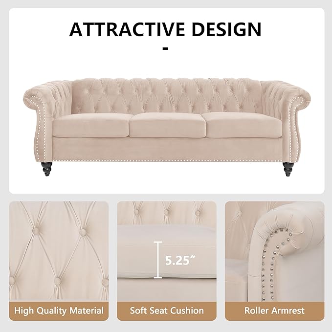 Home Sofa Living Room Furniture, 3 Seater 84" Velvet Upholstered Couch, Mid Century Modern Comfy Couch with Cushions, Classic Tufted Chesterfield Couches for Bedroom, Office, Apartment (Beige)