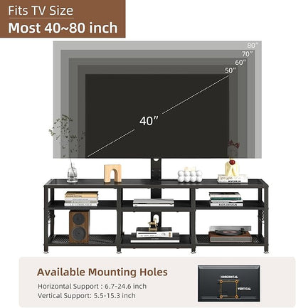 VECELO 71" TV Stand with Mount and Power Outlets, Entertainment Center with Open Storage Shelves, Height Adjustable Mount up to 80”, Wooden Table and Metal Frame for Living Room, Modern Black