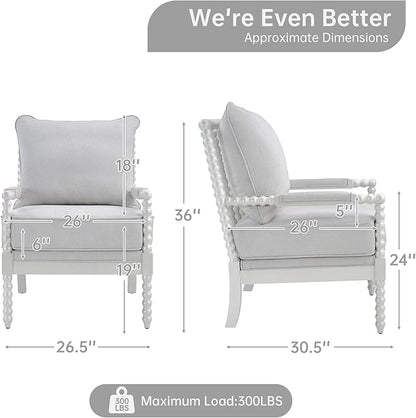 Morden Fort Linen Fabric Spindle Accent Chair with Wood Frame, French Style Accent Chairs with Padded Spring Seat and Armrest Pads, Brushed Base for Living Room Bedroom Farmhouse Office Balcony