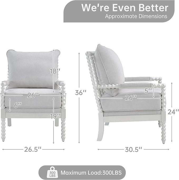 Morden Fort Linen Fabric Spindle Accent Chairs Set of 2, French Style Chairs with High Resilience Spring Cushion and Armrest Pads, Leisure Armchair for Living Room Bedroom Farmhouse Office Balcony