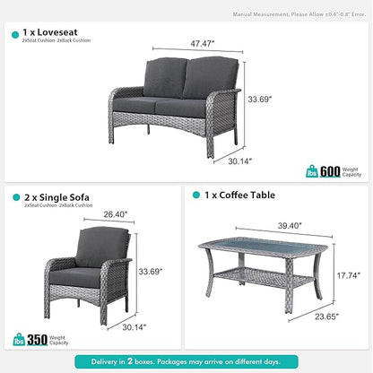 4 Pieces Wicker Patio Furniture - All-Weather PE Wicker Outdoor Conversation Bistro Set Loveseat Chairs with Table,Outdoor Rattan Sofa Chair High Back Deep Seating,Black