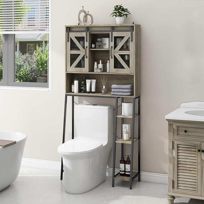 Over The Toilet Storage Cabinet, Farmhouse Storage Cabinet Over Toilet with 2 Sliding Barn Door，Home Space-Saving Toilet Rack, for Bathroom, Restroom, Laundry.(Grey)