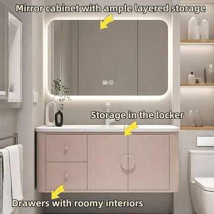 72IN Pink Modern Bathroom Vanity - Bathroom Vanities Set with 2 Drawers Wall Mounted | Rounded Corner Smart Defogging Mirror Cabinet with Lighting & Time Display, Side Opening Storage Shelf (Style B)