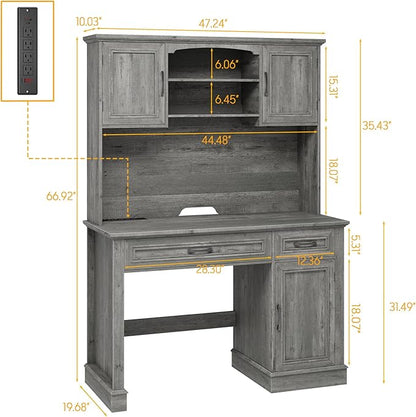 Vabches Farmhouse 47" Executive Desk with Hutch, 2 Drawers and LED Light, Computer Desk with Storage Cabinet and Charging Station,Workstation for Home Office and Study.Grey
