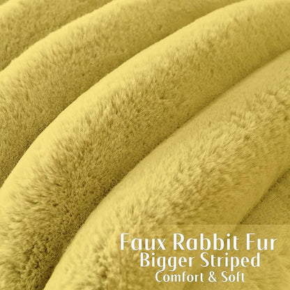 FUTEI Mustard Yellow Decorative Throw Pillow Covers 26x26 Inch Set of 2, Square Soft Faux Rabbit Fur Big Striped Pillow Sham,Home Decor for Couch Sofa Bed Living Room
