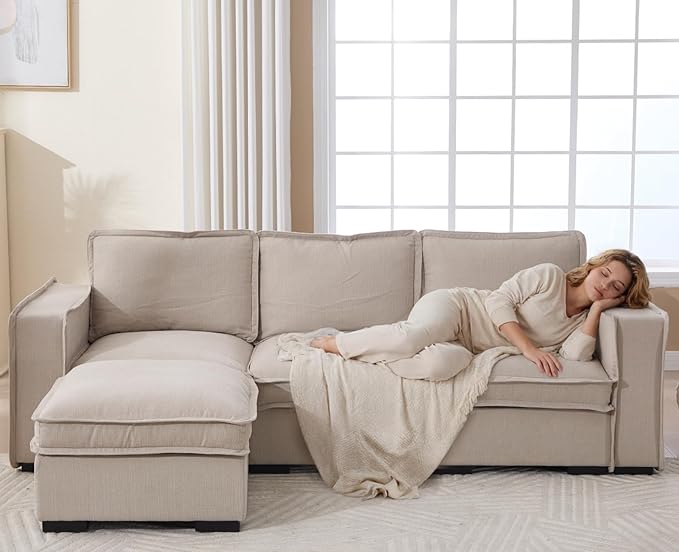 EALSON 93" Modular Sectional Sofa Comfy Cloud Couch with Ottoman Modern Convertible L Shape Couches with Wooden Legs Linen Deep Seat Couch 4-Seater Sofa for Living Room/Apartment, Oatmeal