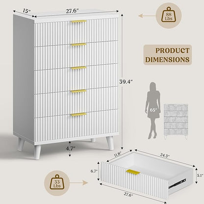 Lulive White Dresser for Bedroom Wood Tall Dressers Drawers, Fluted Modern Dresser 5 Drawers White