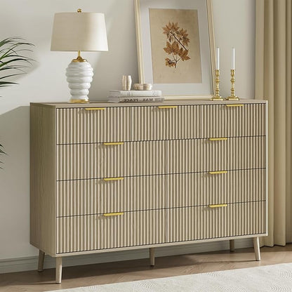 LYNSOM Fluted 9 Drawer Dresser for Bedroom, 55" Wide Modern Chest of Drawers with Curved Profile Design and Metal Handles, Wood Dresser TV Stand & Storage Organizer for Bedroom, Hallway, Beige