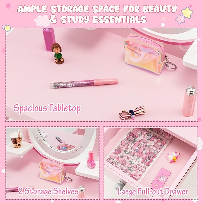 KOTEK Pink Kids Vanity Set, 2-in-1 Makeup Vanity Desk with Detachable Top & 360° Rotating Mirror, Stool and Drawer, Bow Pattern for Little Girls, Princess Dressing Table for Toddler 3-7