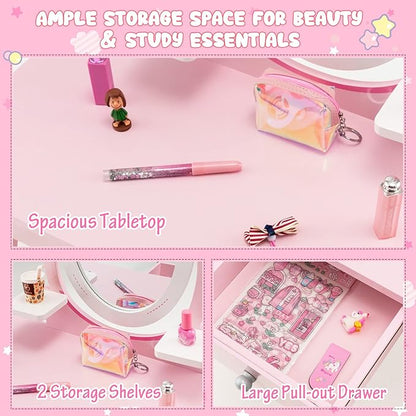 KOTEK Pink Kids Vanity Set, 2-in-1 Makeup Vanity Desk with Detachable Top & 360° Rotating Mirror, Stool and Drawer, Bow Pattern for Little Girls, Princess Dressing Table for Toddler 3-7