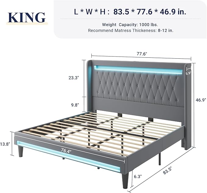 Allewie Upholstered King Size Platform Bed Frame with LED Light and Charging Station, Button Tufted High Headboard, Wingback Design, Noise Free, Easy Assembly, No Box Spring Needed, Grey