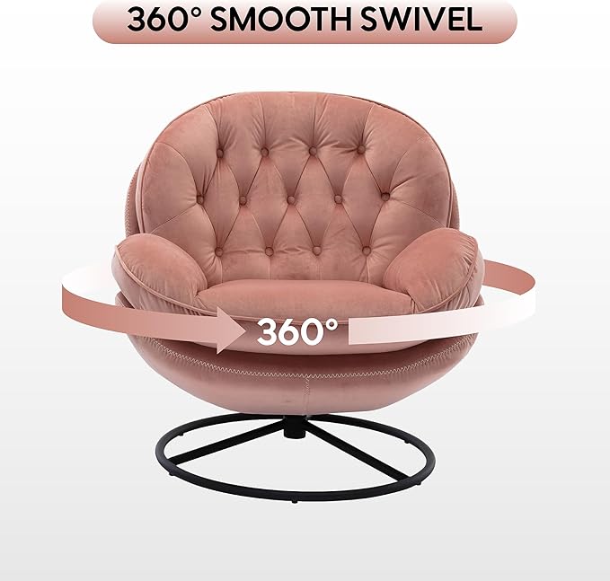 Set of 2 360° Swivel Modern Velvet Accent Chair with Ottoman | Mid-Century Button Tufted Lounge Chair for Living Room & Bedroom, Pink