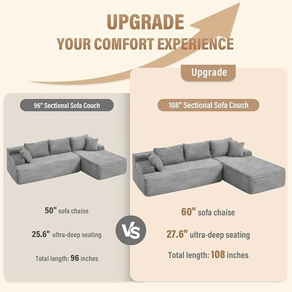 Hobestluk Modular Sectional Couch Sofa, 108" Boneless Couches for Living Room, Memory Foam Sectional Couch with Oversized Chaise,L-Shape Couches (Grey, Right Facing)