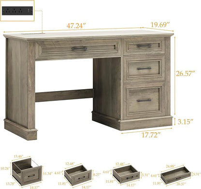 Vabches Farmhouse 47" Executive Desk, Computer Desk with Drawers and File Drawer, Workstation Computer Desk with Charging Station for Home Office,Study,（Dark Grey