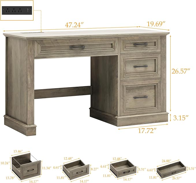 Vabches Farmhouse 47" Executive Desk, Computer Desk with Drawers and File Drawer, Workstation Computer Desk with Charging Station for Home Office,Study,Dark Grey.
