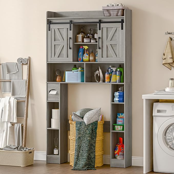 Farmhouse Storage Cabinet Over Toilet with Sliding Doors，Over The Toilet Storage Cabinet, Home Space-Saving Toilet Rack, for Bathroom, Restroom, Laundry