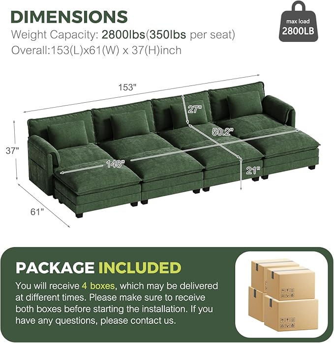 ELUCHANG Oversized 153" Modular Sectional Sofa, Comfy Deep Seat Cloud Couch Sleeper Sofa Bed, 8 Seat Modern Couch with Removable Cover for Living Room, Apartment, DIY Combination, Chenille Olive Green