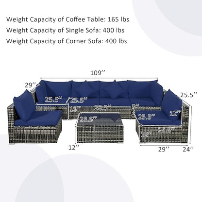 Tangkula 7 Pieces Patio Rattan Furniture Set, Patiojoy Outdoor Conversation Set with Cushions and Tempered Glass Coffee Table, All-Weather Sectional Sofa Set for Garden, Lawn, Backyard (Navy Blue)