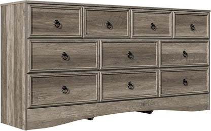 Farmhouse 10 Drawer Dresser for Bedroom – 63'' Long Dresser Wood Chest of Drawers,TV Stand for 75 inch TV, Storage Organizer Furniture, Hallway, Entryway, Closet, Brownish Grey